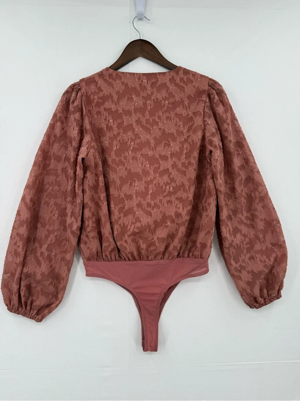 Lulu's Floral Lace Sheer Bodysuit Dusty Rose Pink Long Sleeve Puff Size S